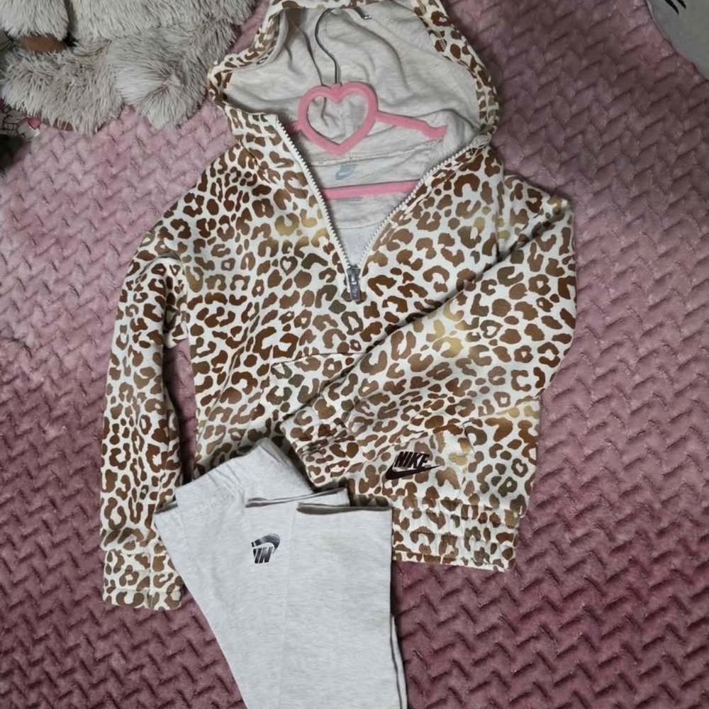 Nike Brown Leopard Print Hoodie and Gray Pants Set